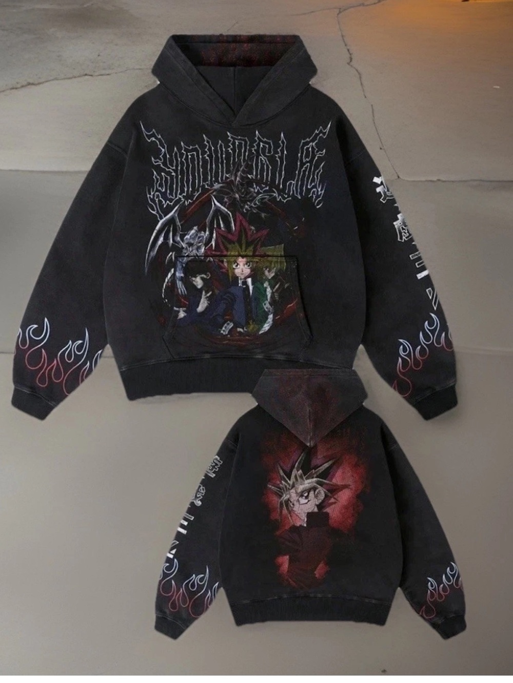 YoungLA Black Graphic Anime-Style Hoodie with Flame Accents